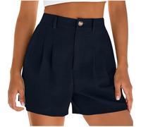 Keepink Womens Linen Shorts Solid Zip Fly Button Front Pleated with Pockets Casual Smart Bermuda Trousers Straight Leg Capri Length Bottoms for Work Summer Holiday Walking