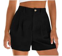 Keepink Womens Linen Shorts Solid Zip Fly Button Front Pleated with Pockets Casual Smart Bermuda Trousers Straight Leg Capri Length Bottoms for Work Summer Holiday Walking