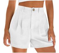Keepink Womens Linen Shorts Solid Zip Fly Button Front Pleated with Pockets Casual Smart Bermuda Trousers Straight Leg Capri Length Bottoms for Work Summer Holiday Walking