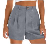 Keepink Womens Linen Shorts Solid Zip Fly Button Front Pleated with Pockets Casual Smart Bermuda Trousers Straight Leg Capri Length Bottoms for Work Summer Holiday Walking