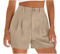 Keepink Womens Linen Shorts Solid Zip Fly Button Front Pleated with Pockets Casual Smart Bermuda Trousers Straight Leg Capri Length Bottoms for Work Summer Holiday Walking
