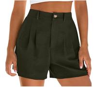 Keepink Womens Linen Shorts Solid Zip Fly Button Front Pleated with Pockets Casual Smart Bermuda Trousers Straight Leg Capri Length Bottoms for Work Summer Holiday Walking