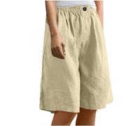 Keepink Women's Linen Shorts Summer Casual Bermuda Bottoms Wide Leg Knee Length Pant with Pockets Comfy Elastic Waist Lightweight Short Pants Beach Holiday Outfits Clearance