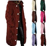 Keepink Women's Long Cardigans with Buttons Chunky Knit Sweater Open Front Long Sleeve Crochet Jumpers Oversized Coats Stand Collar Cable Knitted Tops Jackets Outerwear Pockets