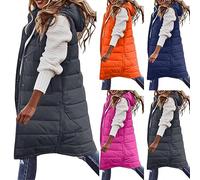 Keepink Women's Long Gilets Vests Lightweight Zip Puffer Jacket with Hood Winter Sleeveless Quilted Down Coat Hoodies Warm Thick Padded Waistcoat Casual Outerwear Bodywarmer Plus Size S-5XL
