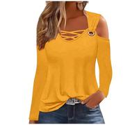 Keepink Women's Long Sleeve Shirts Cotton Cold Shoulder Tops Sexy Criss-Cross V Neck Blouse Loose Tunic T Shirts Dressy Casual Basic Shirts Going Out Elegant Top UK Size 8-16 Sale