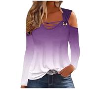 Keepink Women's Long Sleeve Shirts Cotton Cold Shoulder Tops Sexy Criss-Cross V Neck Blouse Loose Tunic T Shirts Dressy Casual Basic Shirts Going Out Elegant Top UK Size 8-16 Sale