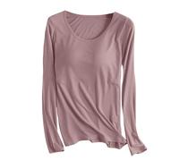 Keepink Womens Long Sleeve Tops with Built in Shelf Bra Comfort Soft Cotton Pajama Loose Casual Round Neck Blouse Workout Gym Yoga Tops Fall Sports Tee Shirts Ladies T Shirts UK 8/18