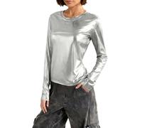 Keepink Women's Metallic Tops Basic Long Sleeve T Shirt Crew Neck Fitted Tee Sparkly Party Shiny Glitter Top Y2K Party Going Out Pullover Silver Blouse for Night Out Clubwear