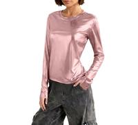 Keepink Women's Metallic Tops Basic Long Sleeve T Shirt Crew Neck Fitted Tee Sparkly Party Shiny Glitter Top Y2K Party Going Out Pullover Silver Blouse for Night Out Clubwear