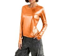 Keepink Women's Metallic Tops Basic Long Sleeve T Shirt Crew Neck Fitted Tee Sparkly Party Shiny Glitter Top Y2K Party Going Out Pullover Silver Blouse for Night Out Clubwear