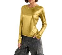 Keepink Women's Metallic Tops Basic Long Sleeve T Shirt Crew Neck Fitted Tee Sparkly Party Shiny Glitter Top Y2K Party Going Out Pullover Silver Blouse for Night Out Clubwear