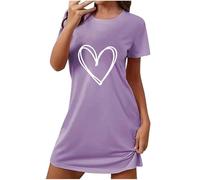 Keepink Womens Nightdress Crew Neck Short Sleeve Nightshirt Heart Print Nightgown Summer Sleep Casual Tshirts Pyjamas Dresses Comfy Soft Sleepwear Above The Knee Ladies Nighties