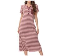 Keepink Women's Nightdresses & Nightshirts Long Soft Cotton Dress Stripes Short Sleeve Sleep Dresses Button V Neck Sleepwear Nightgown Summer Loungwear Ladies Nightdress Loose