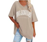 Keepink Women's Oversized T Shirts Short Sleeve Crewneck Summer Tops Letter Printed Drop Shoulder Tunics Blouses Casual Baggy Basic Tee Shirts Ladies Long Top Baseball Tshirts
