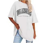 Keepink Women's Oversized T Shirts Short Sleeve Crewneck Summer Tops Letter Printed Drop Shoulder Tunics Blouses Casual Baggy Basic Tee Shirts Ladies Long Top Baseball Tshirts