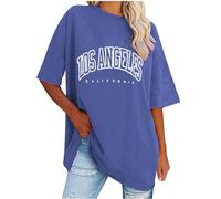 Keepink Women's Oversized T Shirts Short Sleeve Crewneck Summer Tops Letter Printed Drop Shoulder Tunics Blouses Casual Baggy Basic Tee Shirts Ladies Long Top Baseball Tshirts