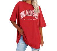 Keepink Women's Oversized T Shirts Short Sleeve Crewneck Summer Tops Letter Printed Drop Shoulder Tunics Blouses Casual Baggy Basic Tee Shirts Ladies Long Top Baseball Tshirts