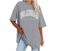 Keepink Women's Oversized T Shirts Short Sleeve Crewneck Summer Tops Letter Printed Drop Shoulder Tunics Blouses Casual Baggy Basic Tee Shirts Ladies Long Top Baseball Tshirts