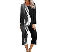 Keepink Womens Pajama Set Long Sleeve Pullover Top and Cropped Trousers Pjs Sets Summer Fall 2 Piece Outfits Nightwear Ladies Soft Loungewear Sleepwear Tracksuits UK Clearance