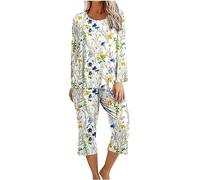 Keepink Womens Pajama Set Long Sleeve Pullover Top and Cropped Trousers Pjs Sets Summer Fall 2 Piece Outfits Nightwear Ladies Soft Loungewear Sleepwear Tracksuits UK Clearance