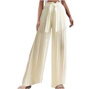 Keepink Womens Palazzo Trousers Plus Size High Waisted Chiffon Trouser with Belt Pleated Wide Leg Straight Long Pants Casual Breathable Lightweight Trouser Ladies Jogging Tracksuit Bottoms