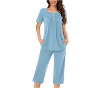 Keepink Womens Pjs Set Round Neck Buttons Down Short Sleeve Tops and Wide Leg Capri Pants with Pockets Sleepwear Cotton Nightwear Casual 2 Pieces Outfits Ladies Pajama Sets Plus S-XXL