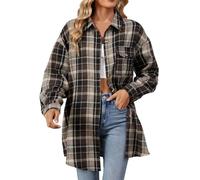 Keepink Womens Plaid Shirt Ladies Flannel Checked Shirts Long Sleeve Classic-Fit Blouses Casual Button Down Longline Jacket Shacket Oversized Cardigans Plus Size 8/18 UK Clearance
