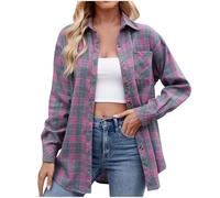 Keepink Womens Plaid Shirt Ladies Flannel Checked Shirts Long Sleeve Classic-Fit Blouses Casual Button Down Longline Jacket Shacket Oversized Cardigans Plus Size 8/18 UK Clearance
