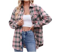 Keepink Womens Plaid Shirt Ladies Flannel Checked Shirts Long Sleeve Classic-Fit Blouses Casual Button Down Longline Jacket Shacket Oversized Cardigans Plus Size 8/18 UK Clearance