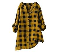 Keepink Womens Plaid Shirts Long Sleeve Button Down Collarless Tops Classic Check Shirt Oversized Tshirts Lightweight Casual Work Blouses Comfort Long Tunic Top To with Legging