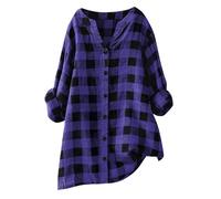 Keepink Womens Plaid Shirts Long Sleeve Button Down Collarless Tops Classic Check Shirt Oversized Tshirts Lightweight Casual Work Blouses Comfort Long Tunic Top To with Legging