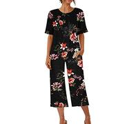 Keepink Women's Pyjama Sets 2 Piece Pjs Set Floral Print Crew Neck Short Sleeve Tops with Capri Pants Nightwear Soft Sleepwear Comfy Loungewear Pockets Loose Ladies Outfits Sale
