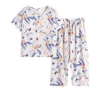 Keepink Women's Pyjama Sets Cotton Linen Co Ord Set Summer Casual Two Piece Suit Short Sleeve Round Neck Top + Capris Pant Outfits Comfort Breathable Lounge Wear Outdoor Large 14-20