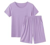 Keepink Women's Pyjama Sets Solid Crew Neck Short Sleeve Tops and Shorts with Pockets Cotton Soft Summer Pjs Set 2 Piece Nightwear Sleepwear Ladies Loungewear Plus Size 10-18 UK Sale