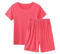 Keepink Women's Pyjama Sets Solid Crew Neck Short Sleeve Tops and Shorts with Pockets Cotton Soft Summer Pjs Set 2 Piece Nightwear Sleepwear Ladies Loungewear Plus Size 10-18 UK Sale