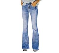 Keepink Women's Retro Bootcut Low Waisted Jeans Trousers with Pocket Stretch Buttons Washed Long Denim Pants Outdoor Ladies Bell Bottom Jeans Plus Size