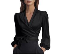 Keepink Women's Satin Blouse Elegant Wrap V Neck Silk Shirts Solid Tie Detail Puff Long Sleeve Tops Dressy Casual Office Work Tops Elegant Formal Blouses for Evening Date Night
