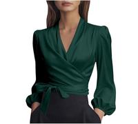 Keepink Women's Satin Blouse Elegant Wrap V Neck Silk Shirts Solid Tie Detail Puff Long Sleeve Tops Dressy Casual Office Work Tops Elegant Formal Blouses for Evening Date Night