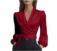 Keepink Women's Satin Blouse Elegant Wrap V Neck Silk Shirts Solid Tie Detail Puff Long Sleeve Tops Dressy Casual Office Work Tops Elegant Formal Blouses for Evening Date Night