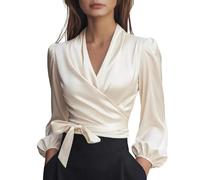 Keepink Women's Satin Blouse Elegant Wrap V Neck Silk Shirts Solid Tie Detail Puff Long Sleeve Tops Dressy Casual Office Work Tops Elegant Formal Blouses for Evening Date Night