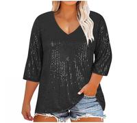 Keepink Women's Sequin Tops Plus Size 3/4 Sleeve Glitter Sparkly Blouse Oversized V Neck T Shirt Dressy Casual Tunic Shirts Pullover Comfy Elegant Party Evening Top Clearance