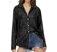 Keepink Womens Sequins Shirts Sparkle Long Sleeve Top Shacket Glitter Collar Button Down Shirt Oversized Tunic Blouse Formal Smart Casual Office Tops Silver Party Evening Outfits