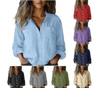 Keepink Womens Shirts Collared V Neck Button Up Blouses Oversized Long Sleeve Shirt Plain Cotton Linen Top Business Casual Dressy Blouse Comfy Top Summer Beach Outfits with Pockets