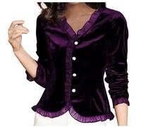Keepink Women's Shirts Elegant Velvet V Neck Tops Plain Lace Trim Long Sleeve Button Down Shirt Vintage Dressy Casual Blouses Classy Loose Fit Jumpers for Work Office Fall