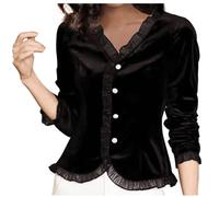 Keepink Women's Shirts Elegant Velvet V Neck Tops Plain Lace Trim Long Sleeve Button Down Shirt Vintage Dressy Casual Blouses Classy Loose Fit Jumpers for Work Office Fall