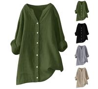 Keepink Women's Shirts Long Sleeve Button Down Blouses Cotton Linen Tops Plain V Neck Oversized Tunic Top Work Business Dressy Casual Blouse Ladies T-Shirts Plus Size S-5XL Sale