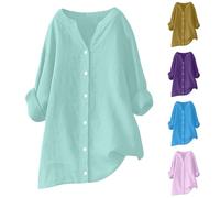 Keepink Women's Shirts Long Sleeve Button Down Blouses Cotton Linen Tops Plain V Neck Oversized Tunic Top Work Business Dressy Casual Blouse Ladies T-Shirts Plus Size S-5XL Sale