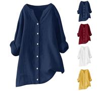 Keepink Women's Shirts Long Sleeve Button Down Blouses Cotton Linen Tops Plain V Neck Oversized Tunic Top Work Business Dressy Casual Blouse Ladies T-Shirts Plus Size S-5XL Sale