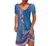 Keepink Womens Short Sleeve Dresses Plus Size Deep V Neck Mini Dress Retro Floral Print Above The Knee Dresses Trendy Elegant A-Line Short Dress Ladies Wedding Guest Dresses UK